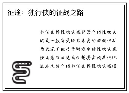 征途：独行侠的征战之路