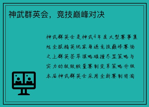 神武群英会，竞技巅峰对决
